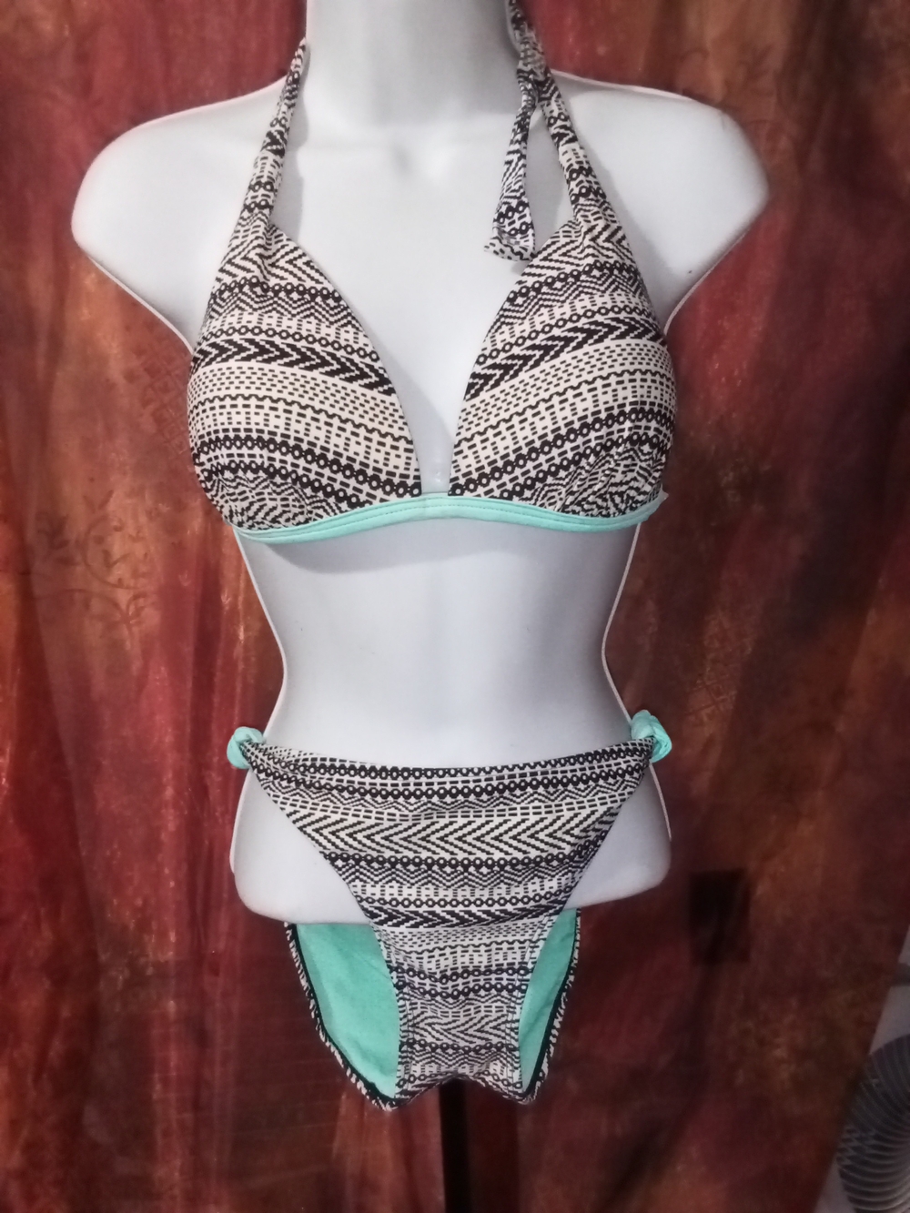 SO Cream & Black Patterned Halter Bikini with Mint Trim
